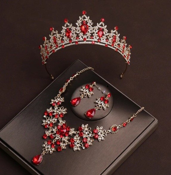 Red Crystal Bridal Crown & Dubai Jewelry Set