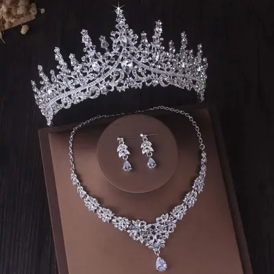 Bridal Tiara Set Crown Tiara | Silver | Necklace | Earrings | Wedding | Jewelry | Headwear | Three-Piece | Holiday | 2025