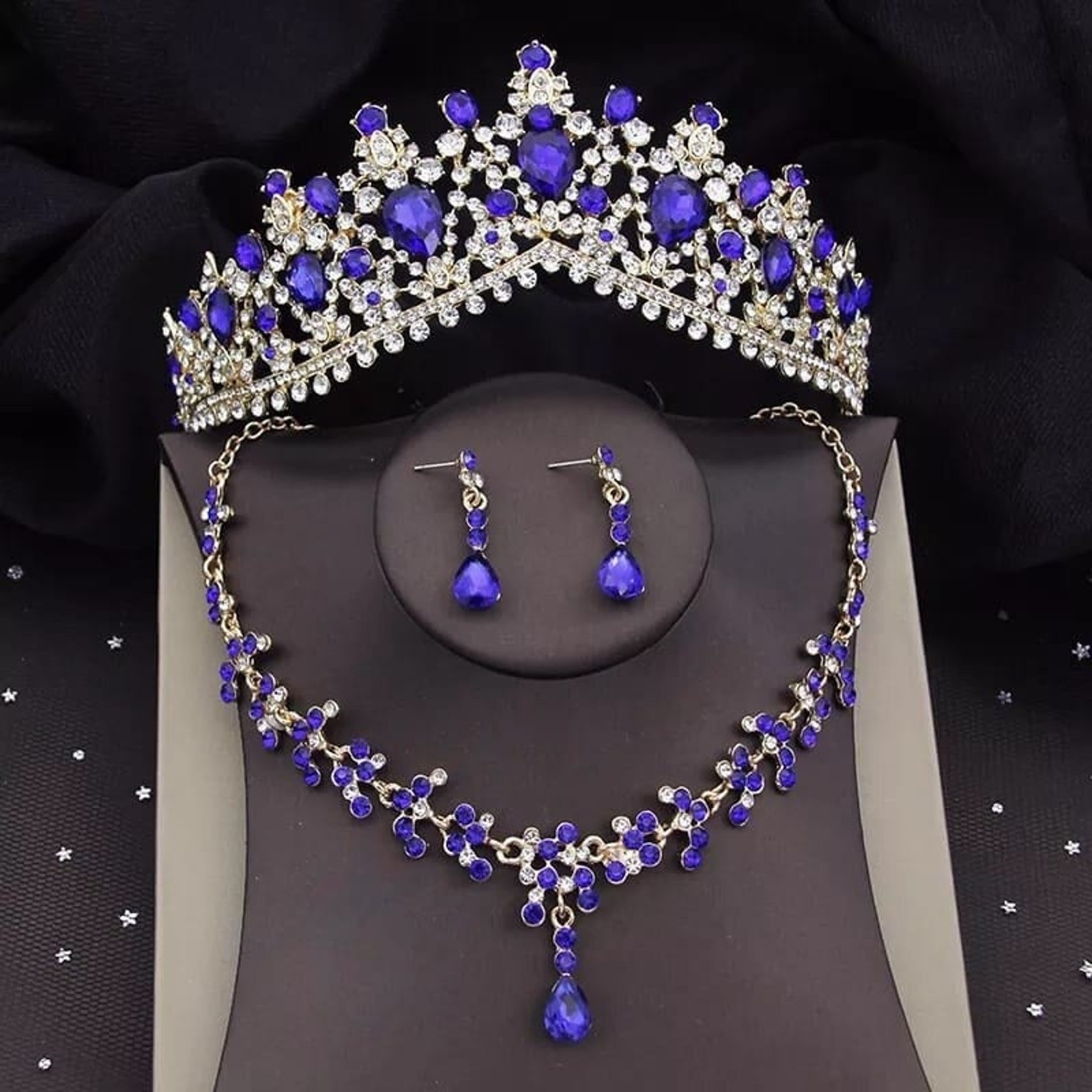 Bridal Tiara Set Blue Crown Set | Blue & Gold | Bridal Jewelry | Earring Necklace | Wedding | Royal | Engagement | Crown | 2025 Trend