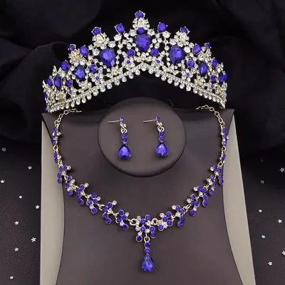 Bridal Tiara Set Blue Crown Set | Blue & Gold | Bridal Jewelry | Earring Necklace | Wedding | Royal | Engagement | Crown | 2025 Trend