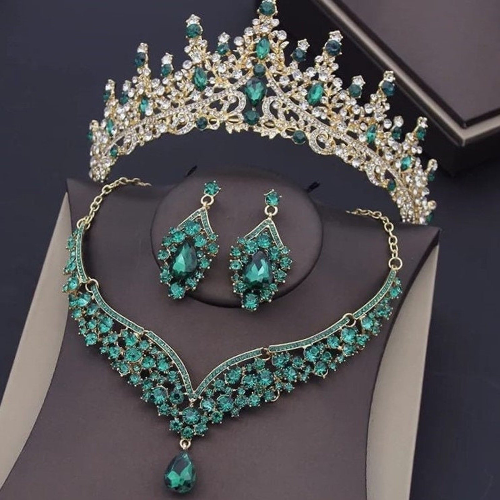Bridal Tiara Green Gold Set | Luxury High-End Green | Jewelry | Earring Necklace | Wedding | Royal | Engagement | Crown | 3-Piece | 2025