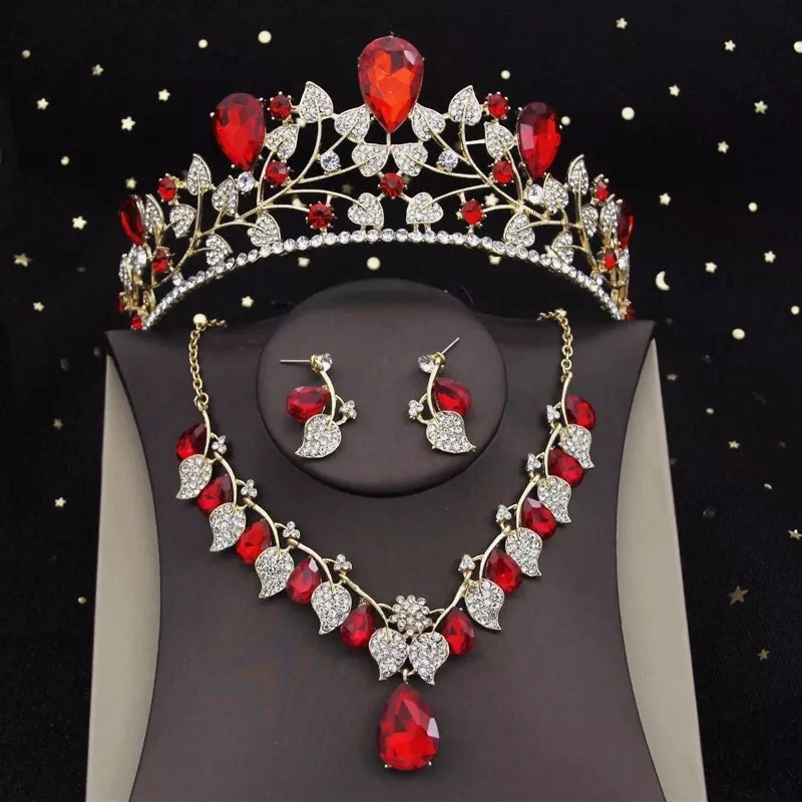 Bridal Tiara Set | Red & Gold | Earrings Necklace | Wedding Headwear | Bridal Jewelry | Royal | Engagement | Three Piece | 2025 Trend