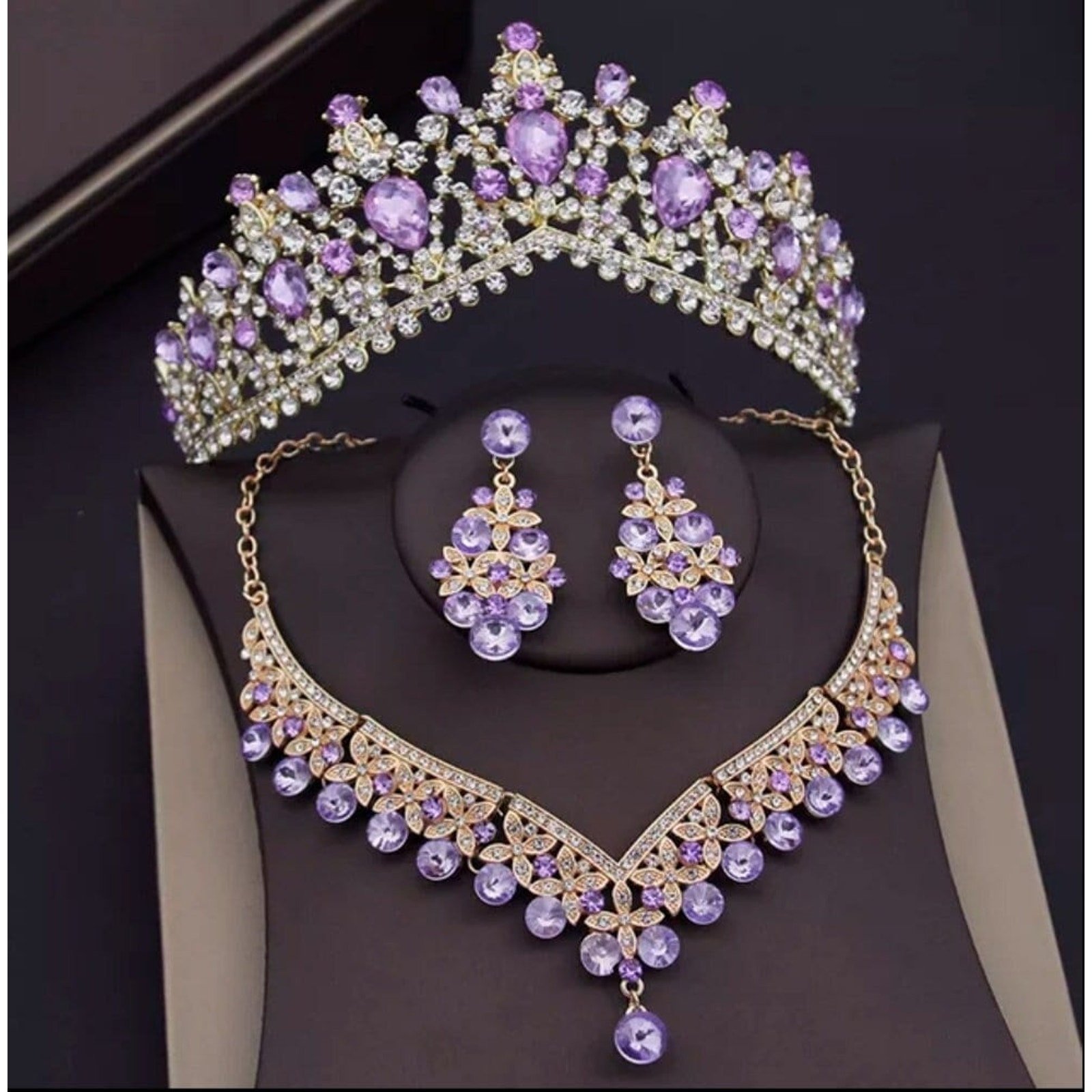 Bridal Tiara Set Purple Tiara | Purple Gold Silver | Necklace | Earrings | Wedding | Jewelry | Headwear | Three-Piece | Holiday | 2025 Trend