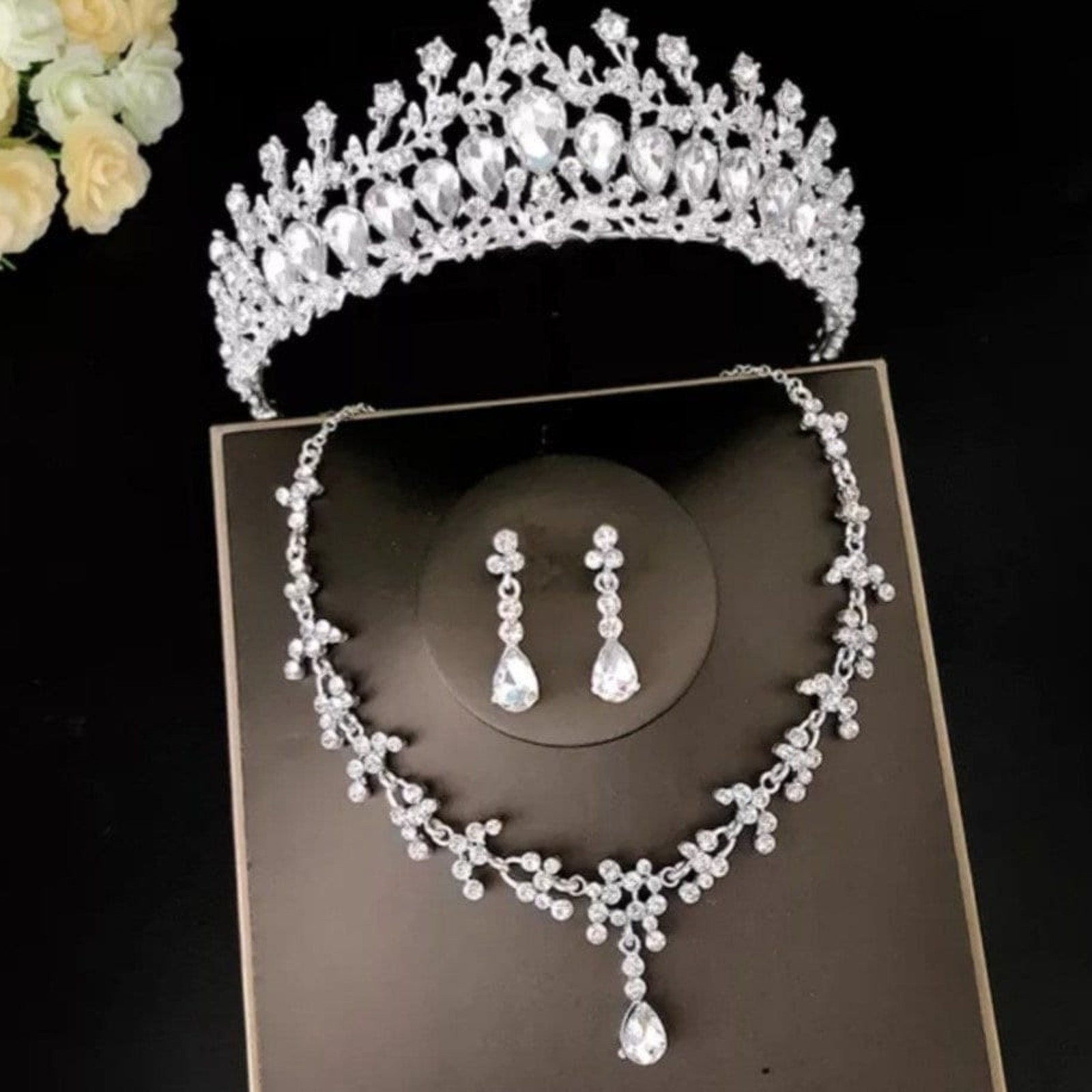 Bridal Tiara Set Silver Tiara set | Silver Set | Necklace | Earrings | Wedding | Jewelry | Headwear | Three-Piece | Holiday | 2025 Trend