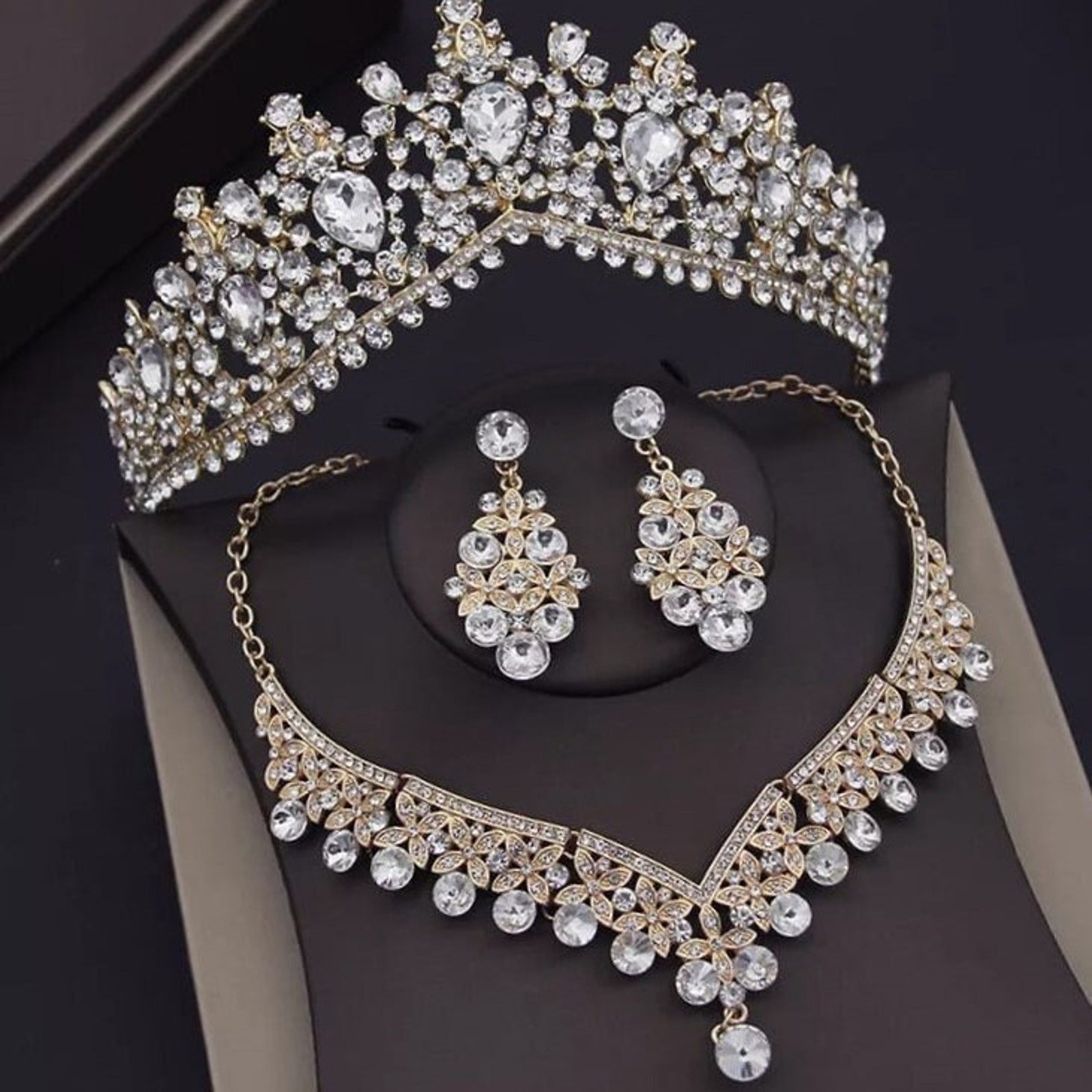 Bridal Tiara Set Gold Tiara | Gold Silver | Necklace | Earrings | Wedding | Jewelry | Headwear | Three-Piece | Holiday | 2025 Trend