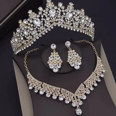 Bridal Tiara Set Gold Tiara | Gold Silver | Necklace | Earrings | Wedding | Jewelry | Headwear | Three-Piece | Holiday | 2025 Trend