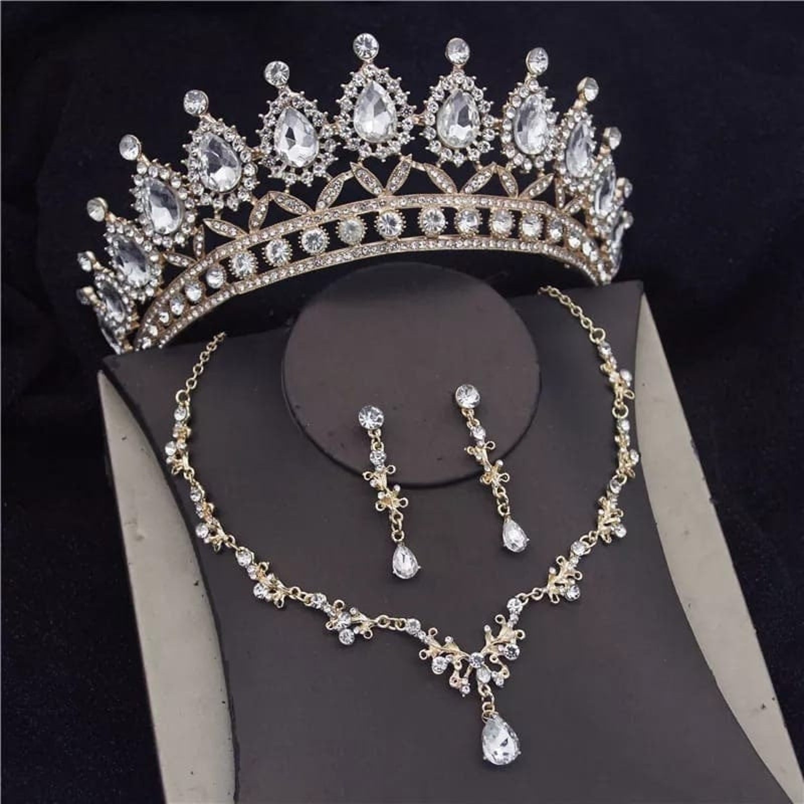 Tiara Set Bridal Crown Tiara | Gold White | Necklace | Earrings | Wedding Set | Crystal Jewelry | Headwear | Three-Piece | Holiday | 2025