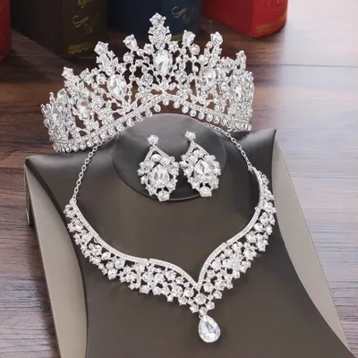 Bridal Tiara Set | Luxury High-End Silver | Earrings Necklace | Wedding | Jewelry | Royal | Engagement | Crown | Three-Piece | 2025 Trend