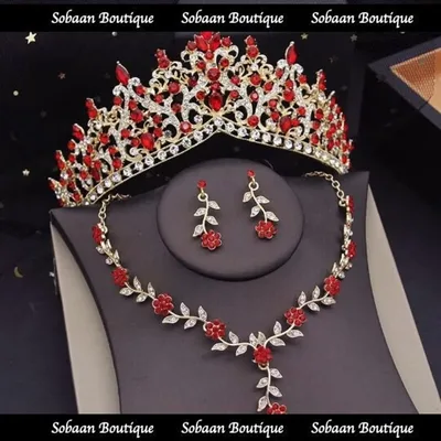 Bridal Tiara Red Gold Set | Luxury High-End Red & Gold Set | Earrings Necklace | Wedding | Jewelry | Royal | Engagement | 3-Piece | 2025
