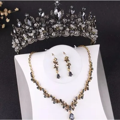 Bridal Black Tiara Set | Black Set | Necklace | Earrings | Wedding | Crystal Jewelry | Headwear | Three-Piece | Holiday | 2025 Trend