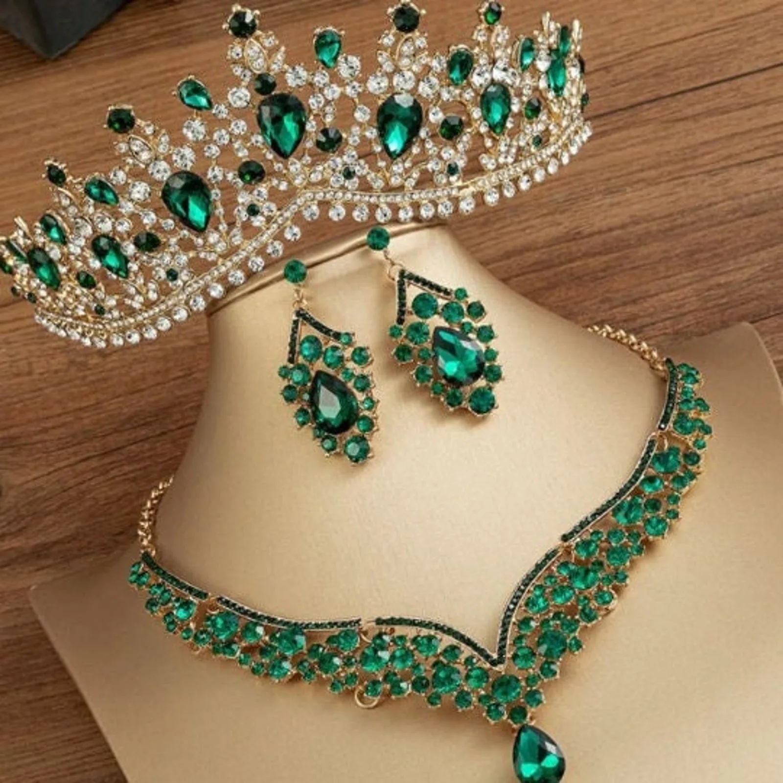 Bridal Green Tiara Set | Luxury High-End Green | Jewelry | Earring Necklace | Wedding | Royal | Engagement | Crown | 3-Piece | 2025 Trend