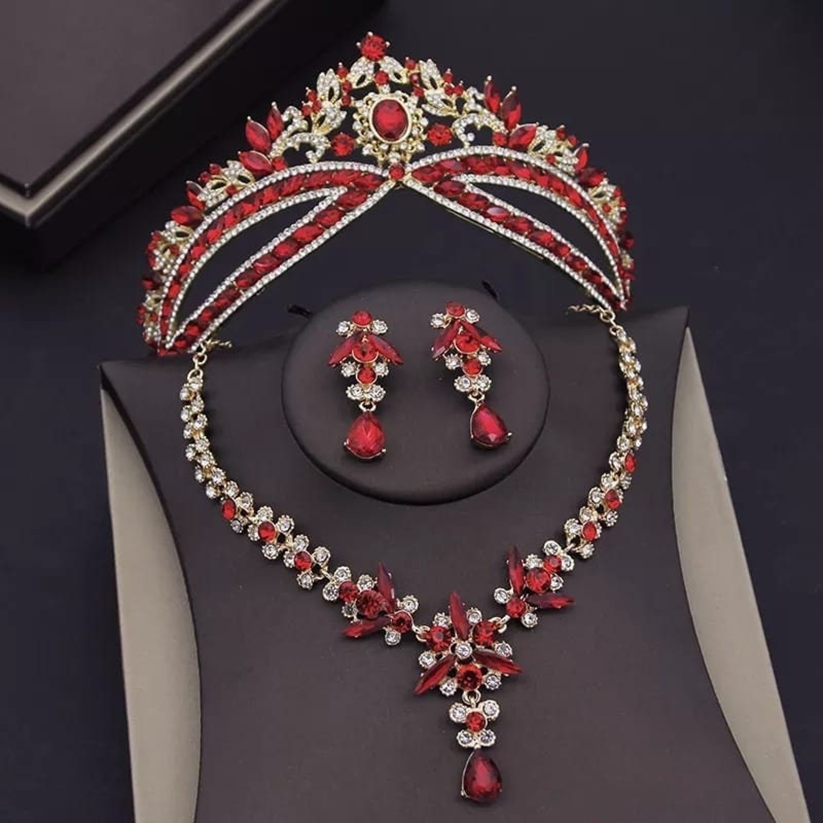 Bridal Tiara Set Red Tiara set | Red & Gold | Necklace | Earrings | Wedding | Jewelry | Crown| Headwear | Three-Piece | Holiday | 2025 Trend