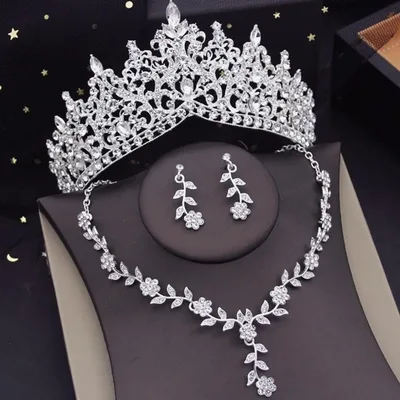 Bridal Tiara Silver Crown Tiara set | Silver | Necklace | Earrings | Wedding | Jewelry | Headwear | Three-Piece | Holiday | 2025 Trend