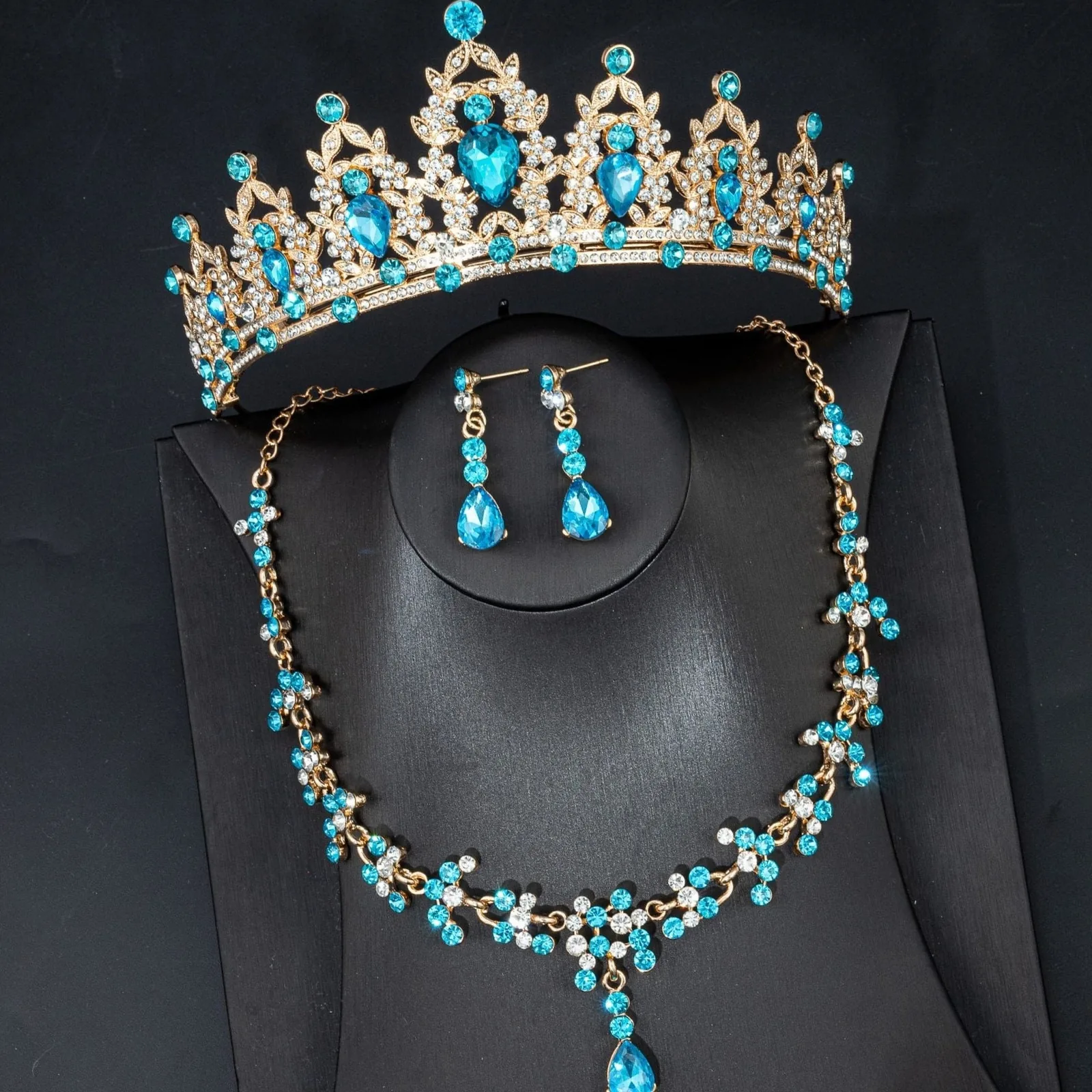 Bridal Tiara Set SkyBlue Tiara | Sky Blue & Gold | Necklace | Earrings | Wedding | Jewelry | Crown| Headwear | Three-Piece | Holiday | 2025