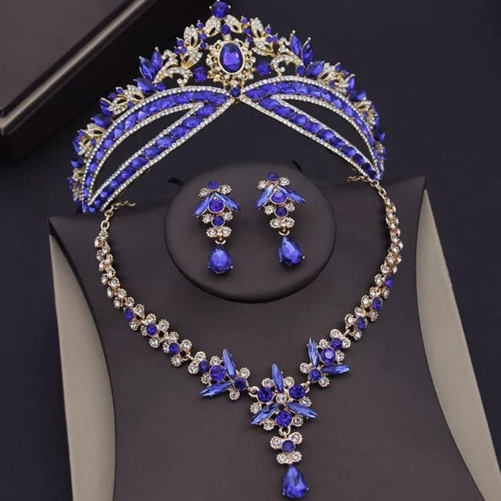 Tiara Set Bridal Blue Tiara set | Blue Gold | Necklace | Earrings | Wedding | Jewelry | Headwear | Three-Piece | Holiday | 2025 Trend