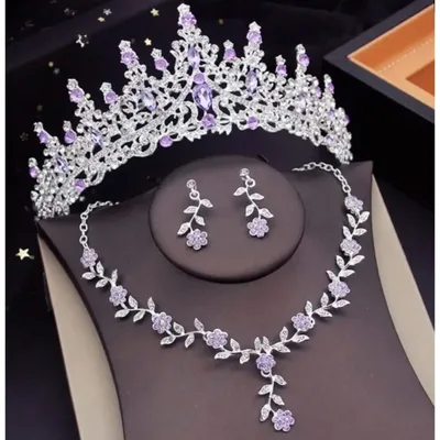 Bridal Tiara Purple Silver Set | Purple Silver | Necklace | Earring | Luxury High-End Tiara | Jewelry | Headwear | Holiday | 3-Piece | 2025