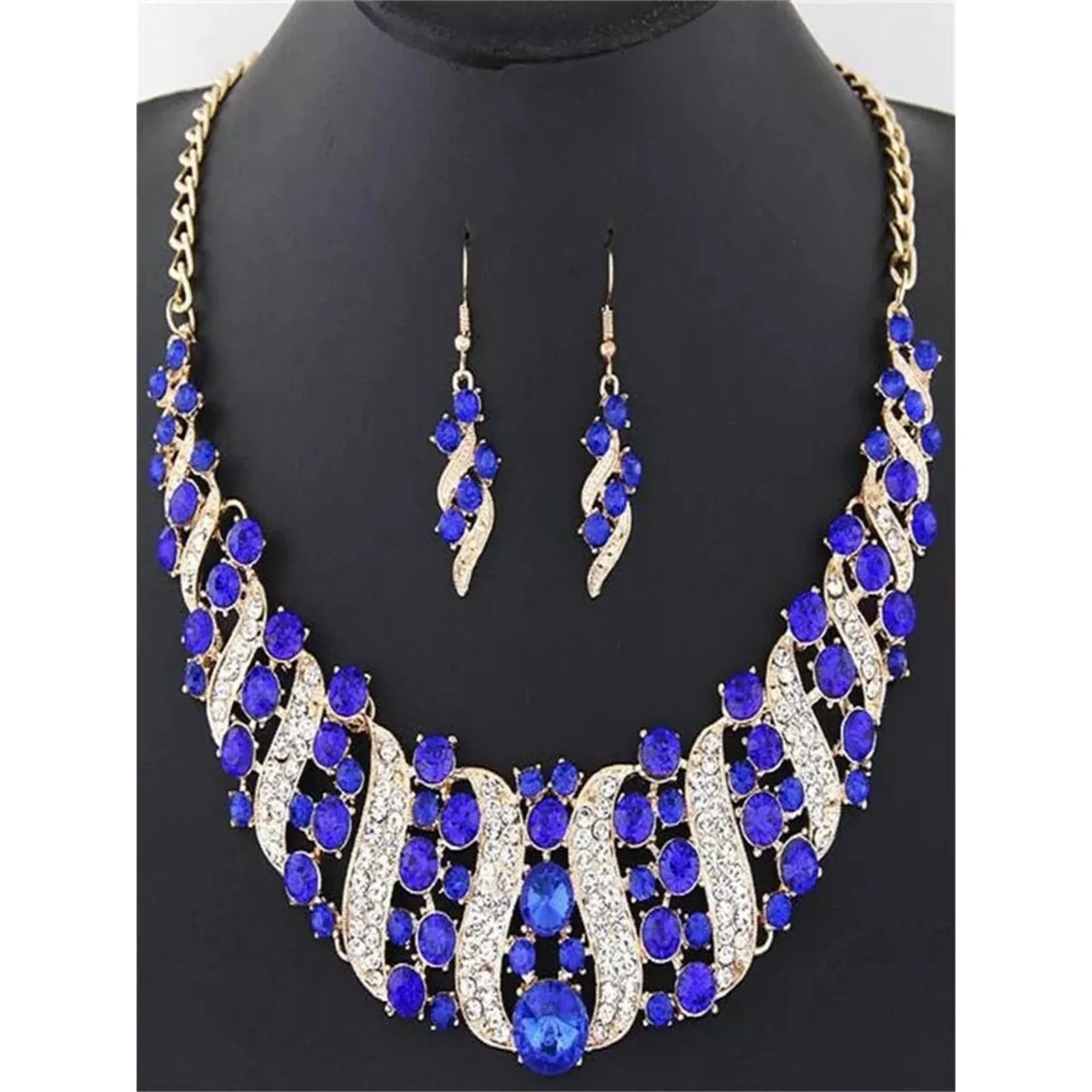 Bridal Jewelry Necklace Earring Set | Blue Gold | Bridesmaid | Bridal Wedding | Party Jewelry | Bridal Necklace Set | Bridal Earring | 2025