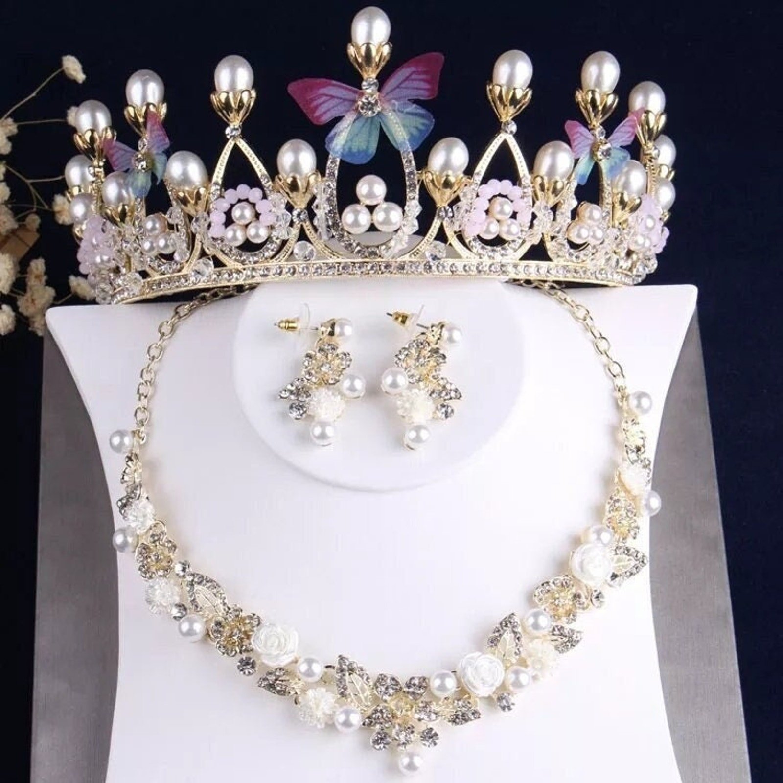 Bridal Tiara Set | Pink Blue Butterfly | Gold | Necklace | Earrings | Wedding | Crystal Jewelry | Headwear | 3-Piece | Holiday | 2025