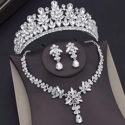 Bridal Tiara Set Silver Tiara | Silver | Necklace | Earrings | Wedding | Jewelry | Party Headwear | Three-Piece | Holiday | 2025 Trend