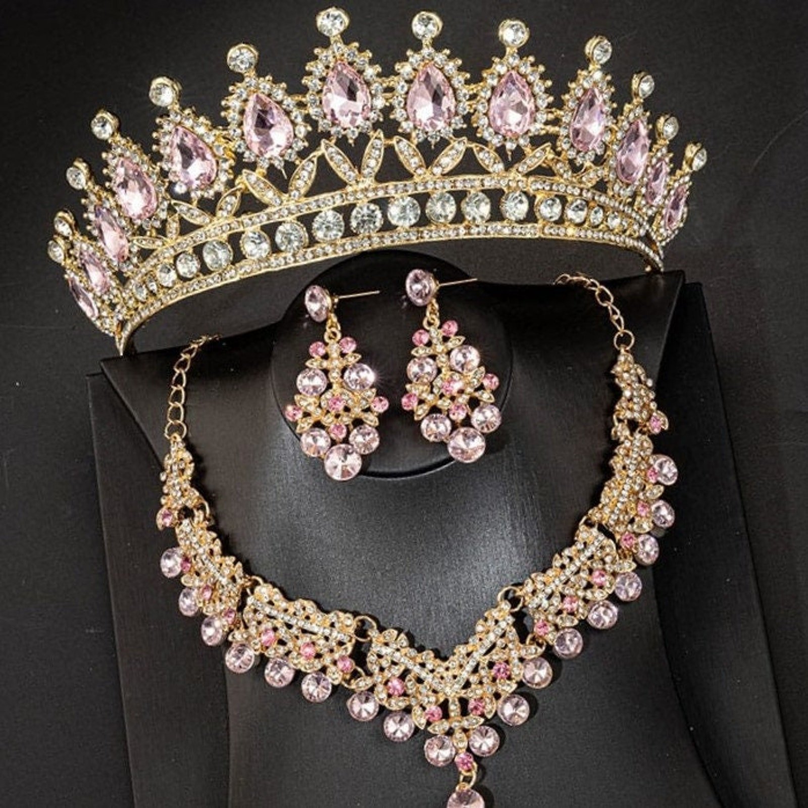 Vintage Pink & Gold Bridal Tiara Set – 3-Piece Crystal Crown, Necklace & Earrings Jewelry Set
