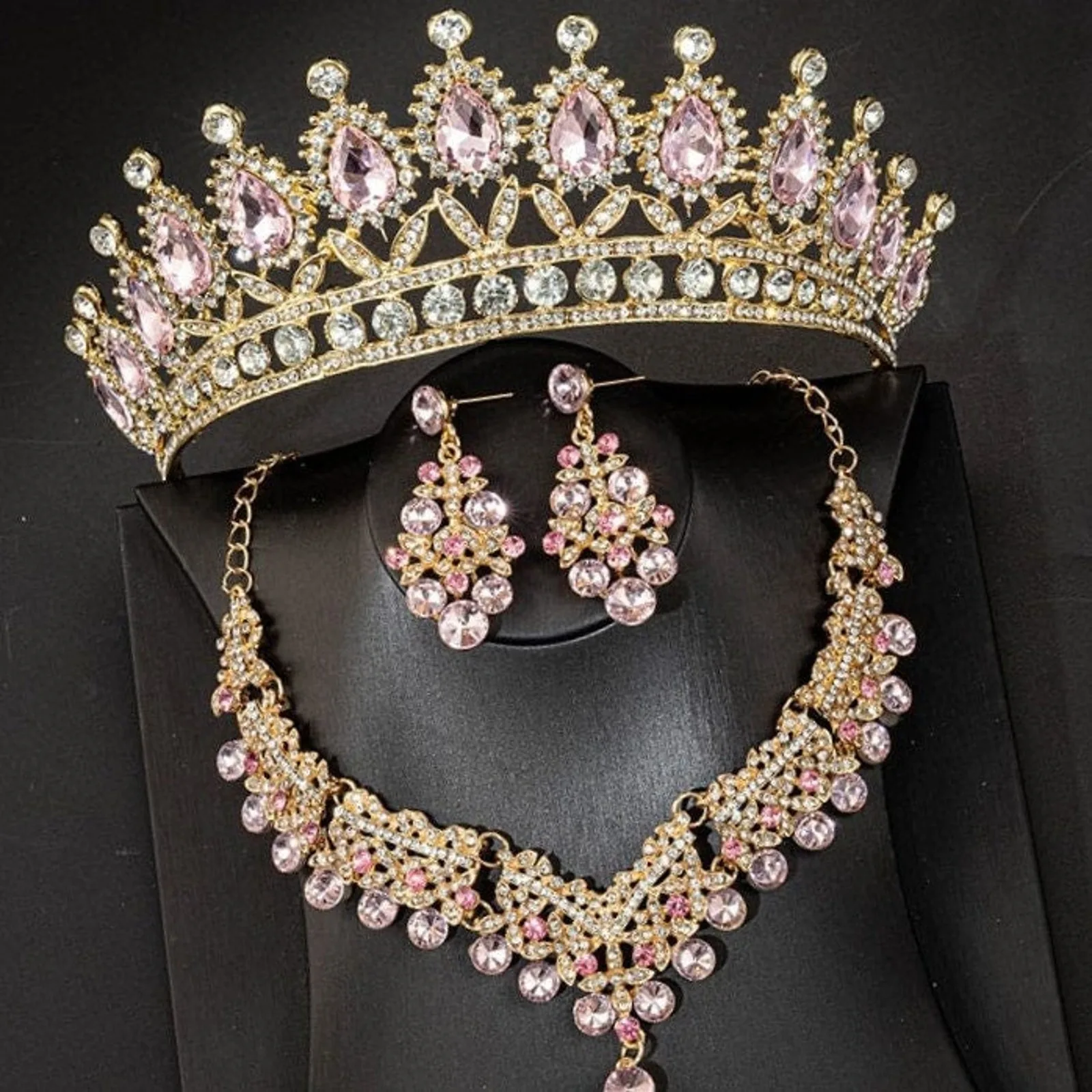 Vintage Pink & Gold Bridal Tiara Set – 3-Piece Crystal Crown, Necklace & Earrings Jewelry Set