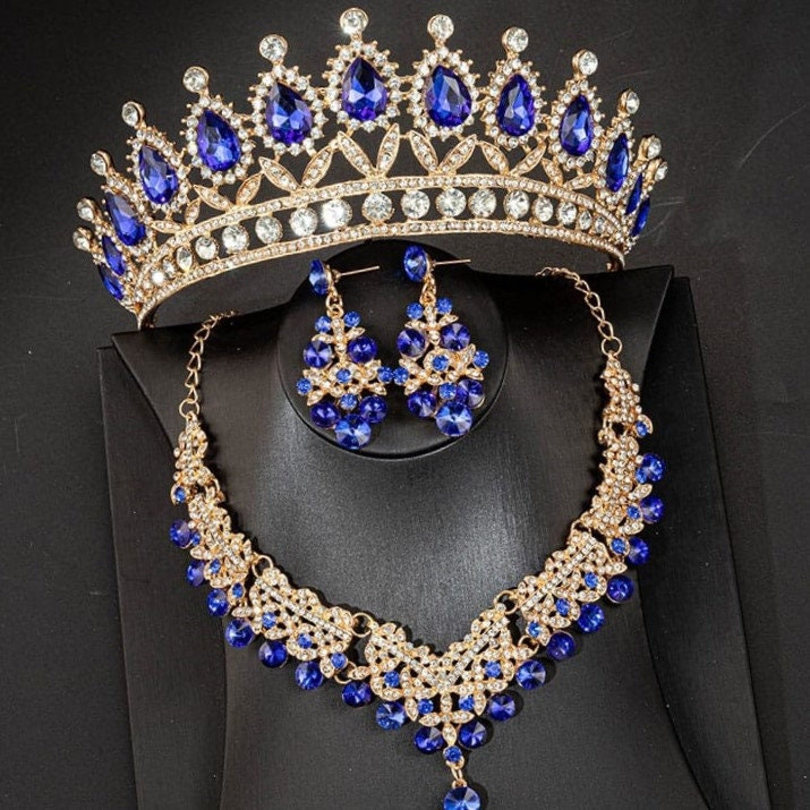 Bridal Tiara Set BlueGold Tiara | Blue & Gold | Necklace | Earring | Wedding | Jewelry | Crown| Headwear | Three-Piece | Holiday | 2025 Trend