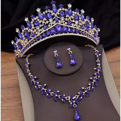 Bridal Tiara Set Blue Tiara set | Blue Gold Silver | Necklace | Earrings | Wedding | Jewelry | Headwear | Three-Piece | Holiday | 2025 Trend