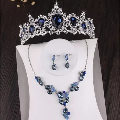 Bridal Tiara Set Blue Crown | Blue Silver | Necklace | Earrings | Wedding | Crystal Jewelry | Headwear | Three-Piece | Holiday | 2025 Trend