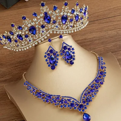 Bridal Blue Tiara Set | Blue & Gold | Earrings Necklace | Wedding Headwear | Jewelry | Royal | Engagement | Women Dress Crown | 2025 Trend