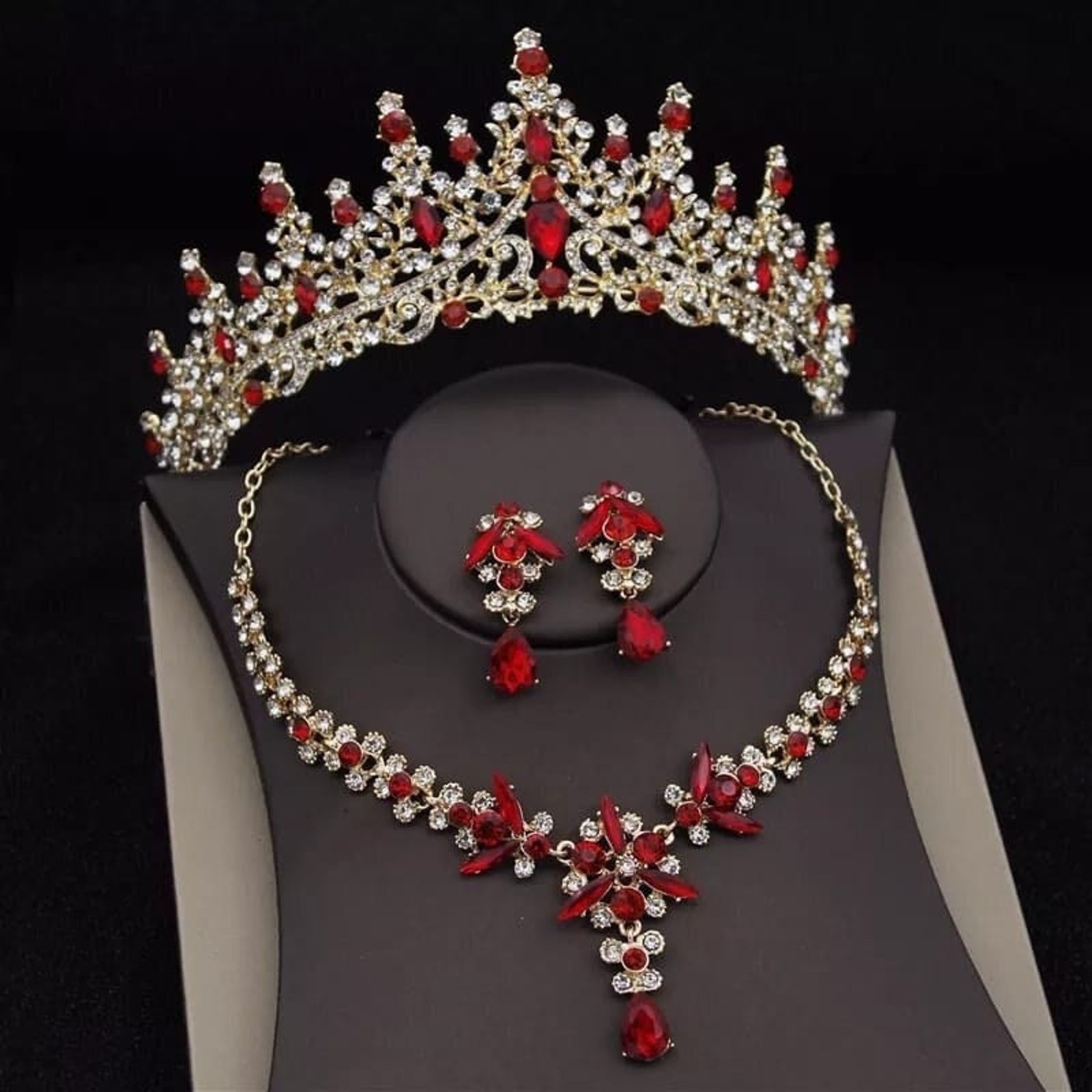 Bridal Red Tiara set | Luxury High-End Red & Gold Set | Necklace | Earrings | Wedding | Jewelry | Headwear | 3-Piece | Holiday | 2025 Trend