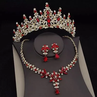 Bridal Red Tiara set | Luxury High-End Red & Gold Set | Necklace | Earrings | Wedding | Jewelry | Headwear | 3-Piece | Holiday | 2025 Trend