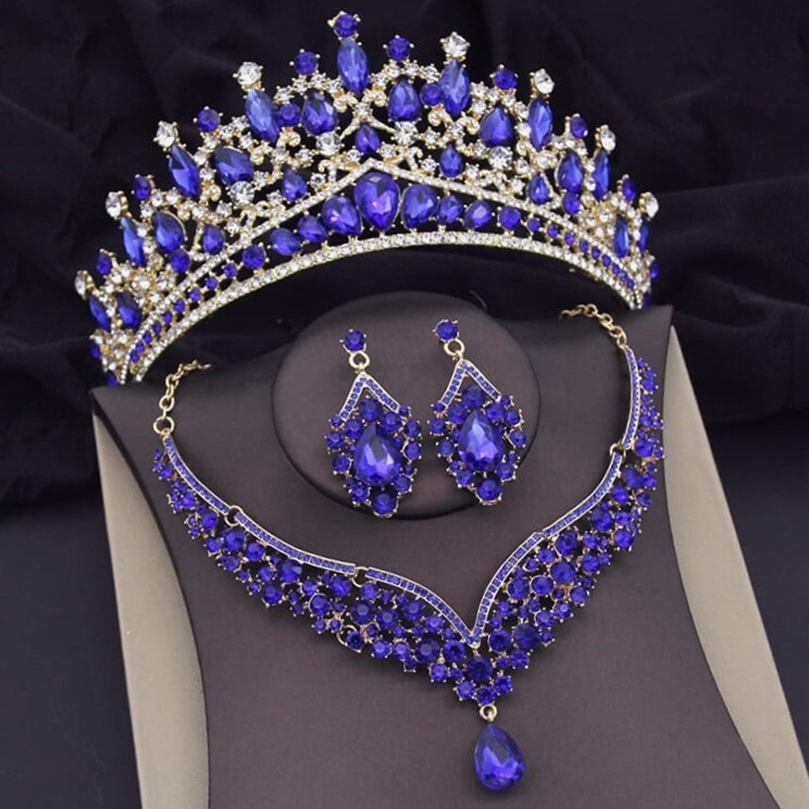Bridal Blue Tiara Set | Blue & Gold | Earrings Necklace | Wedding Headwear | Jewelry | Royal | Engagement | Women Dress Crown | 2025 Trend