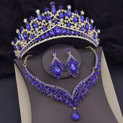 Bridal Blue Tiara Set | Blue & Gold | Earrings Necklace | Wedding Headwear | Jewelry | Royal | Engagement | Women Dress Crown | 2025 Trend