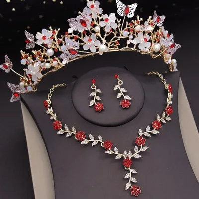 Bridal Tiara Red Gold Crown Set | Red & Gold Butterfly Tiara | Earrings Necklace | Wedding Set | Crystal Jewelry | Headwear | 3-Piece | 2025