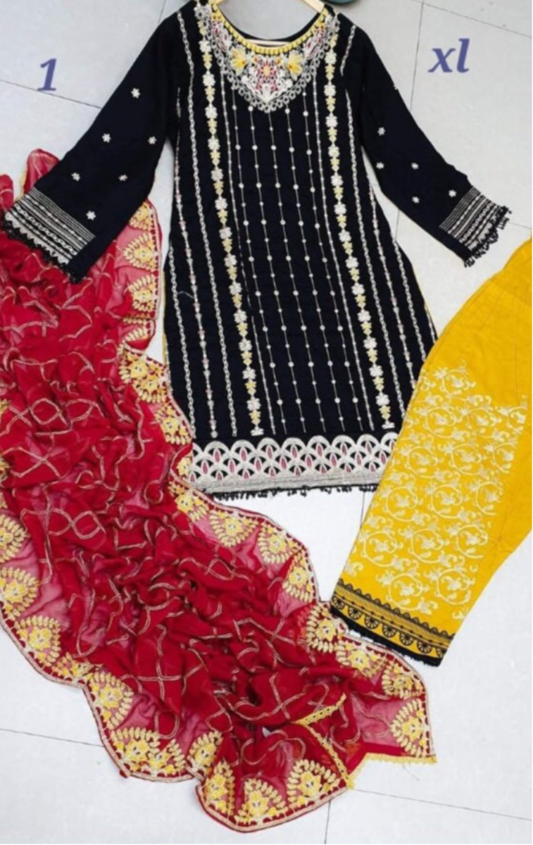 Elegant Black 3-Piece Embroidered Linen Suit with Mustard Trousers & Red Chiffon Dupatta