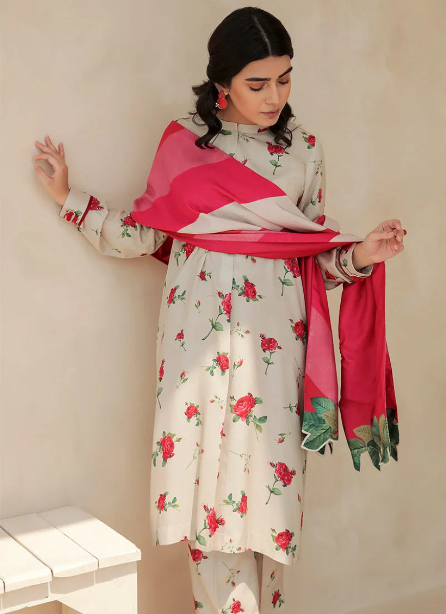 Rose Whisper - 3 Piece Digital Printed Dobby Linen Suit with Acrylic Shawl