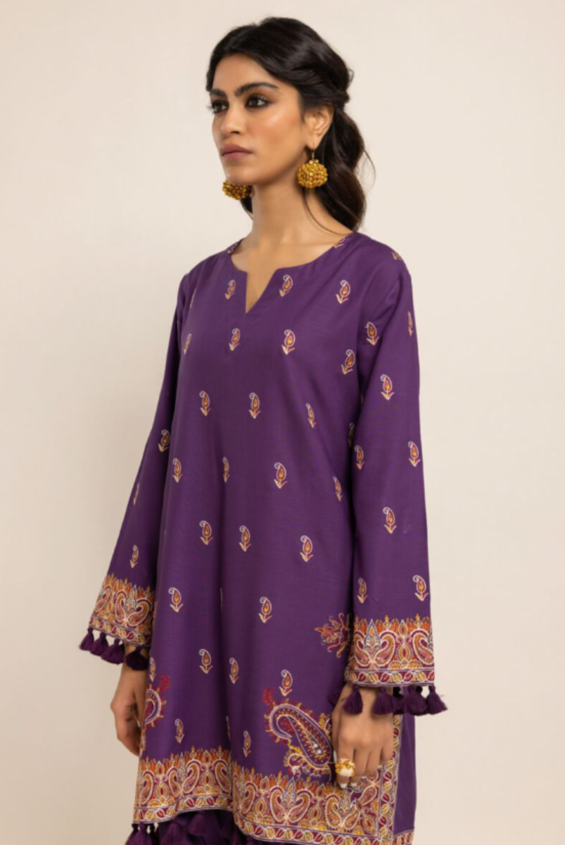 Embroidered Dull Raw Silk Kurta – Regular Fit Dyed Ethnic Shirt for Women