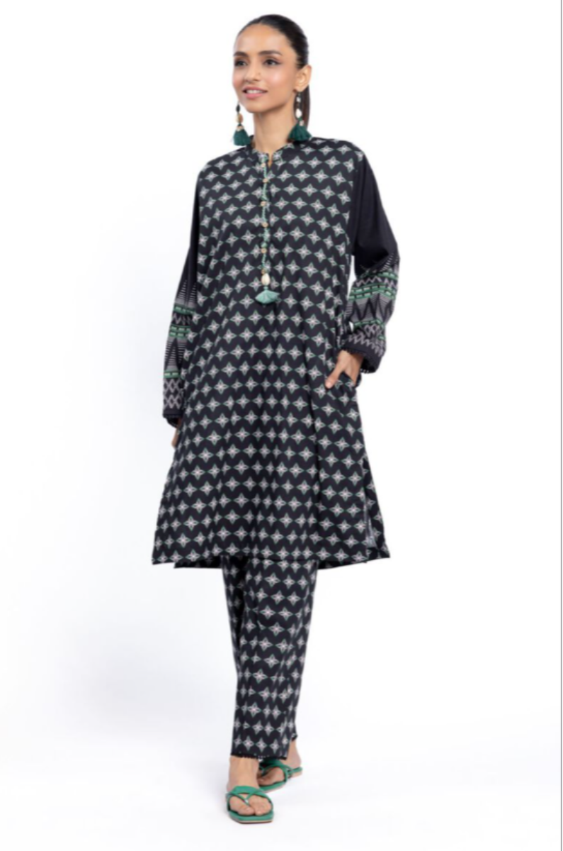 Black & White Geometric Printed Cotton Viscose Kurta – Size 12, Regular Fit