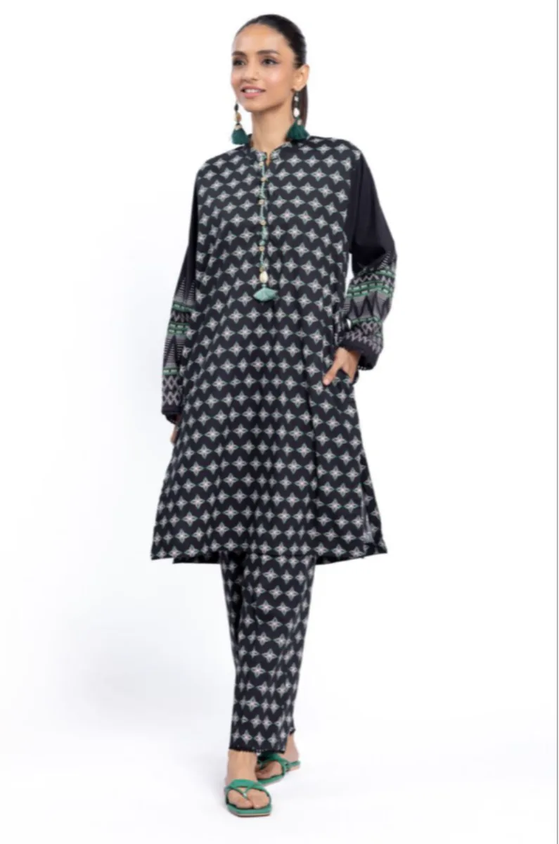 Black & White Geometric Printed Cotton Viscose Kurta – Size 12, Regular Fit