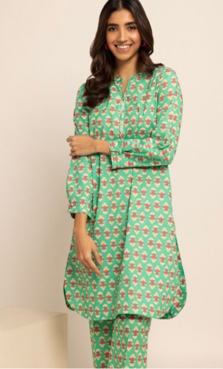 Seafoam Green Geometric Printed Cotton Cambric Kurta - Smart Fit