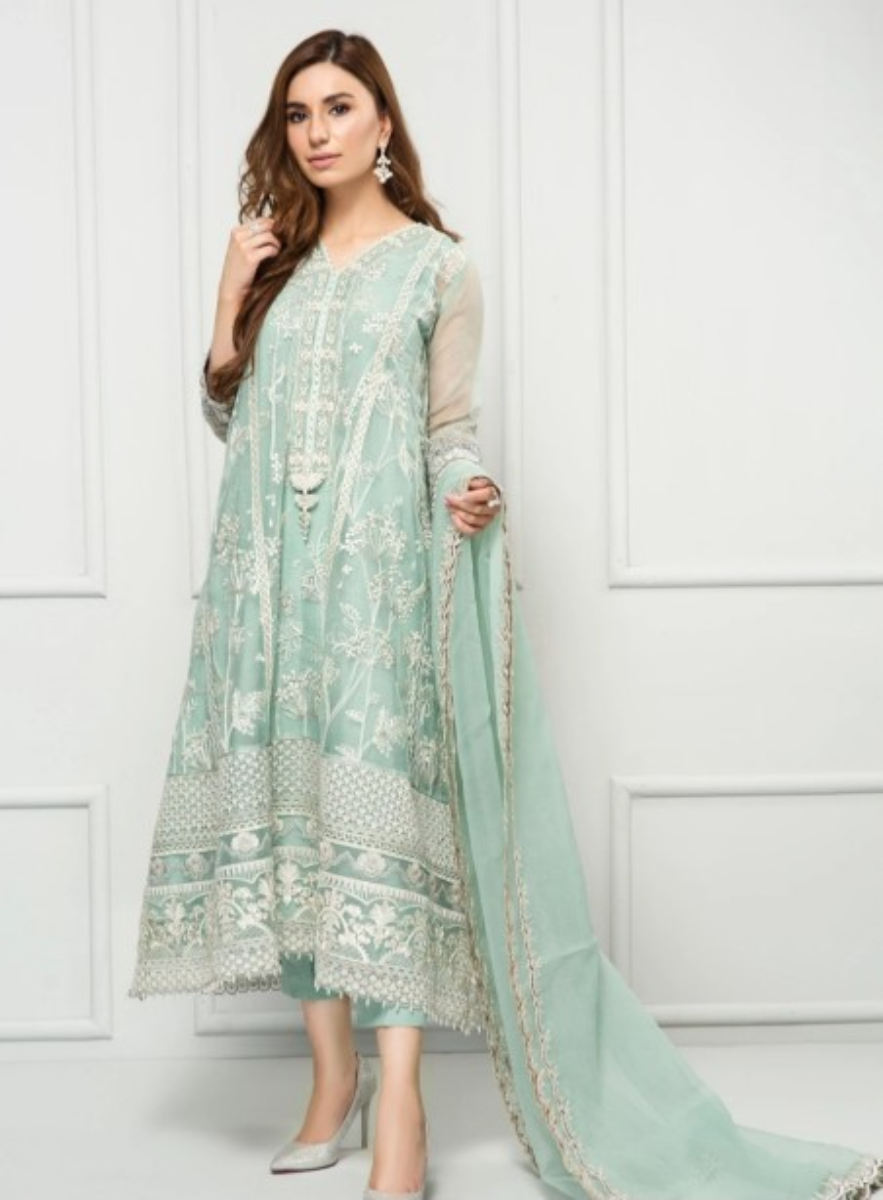 Mint Green 3-Piece Formal Organza Frock Suit | Grip Trousers & Dupatta