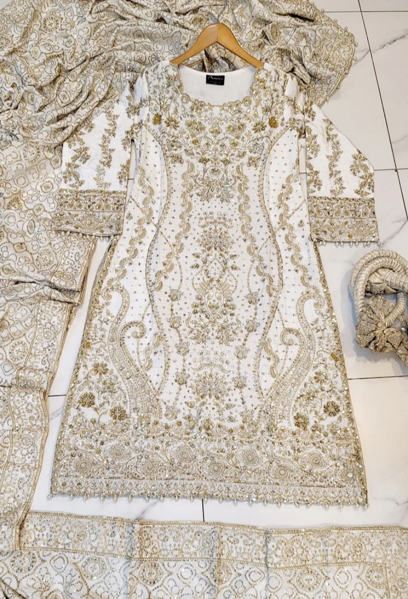 Luxury 3-Piece Party Wear Suit – Embroidered Grip Shirt with Jamawar Plazo & Heavy Dupatta