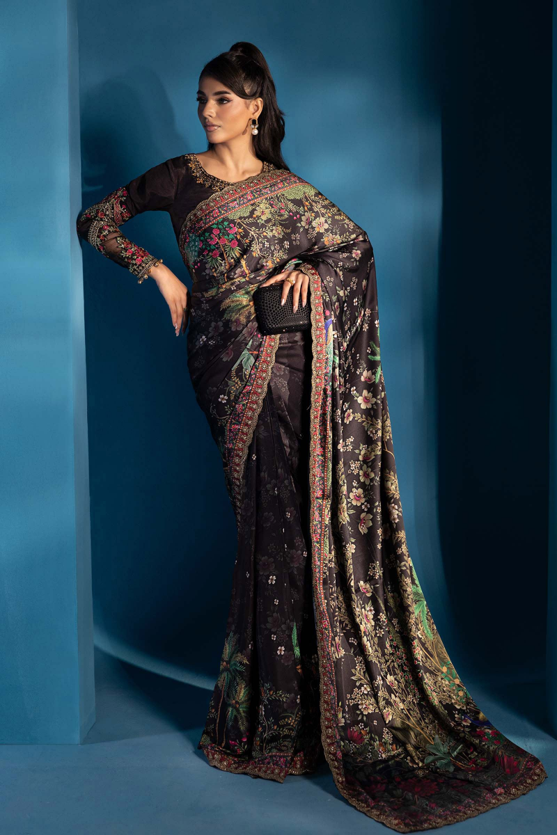 Elegant Black Embroidered Satin Silk Saree – Hand-Embellished Raw Silk Blouse & Scalloped Border