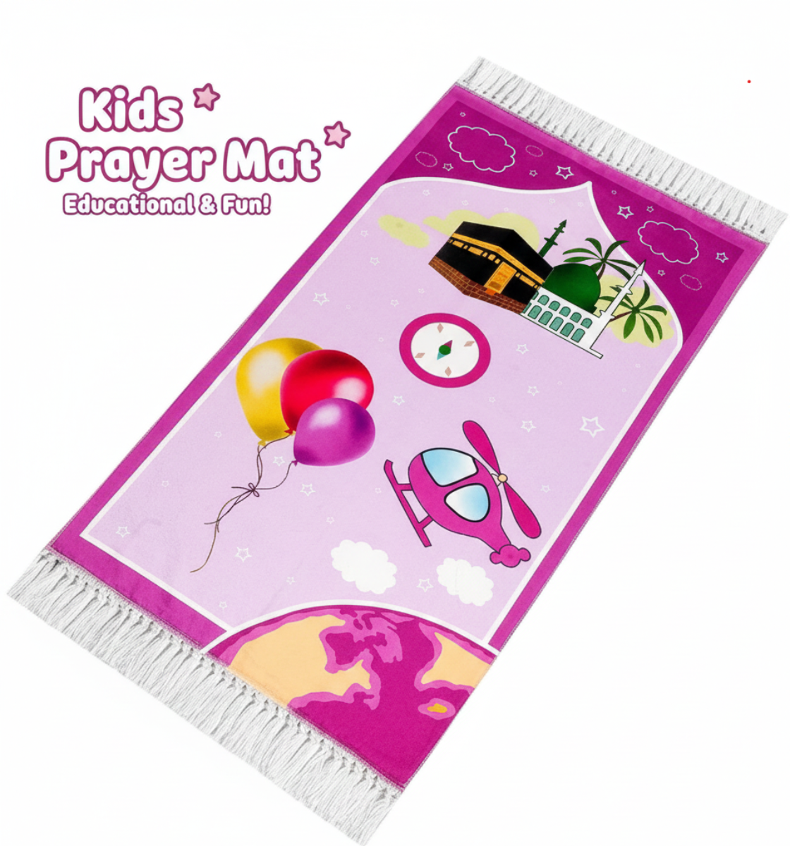 Kids Interactive Pink Prayer Mat with Kaaba & Mosque Design