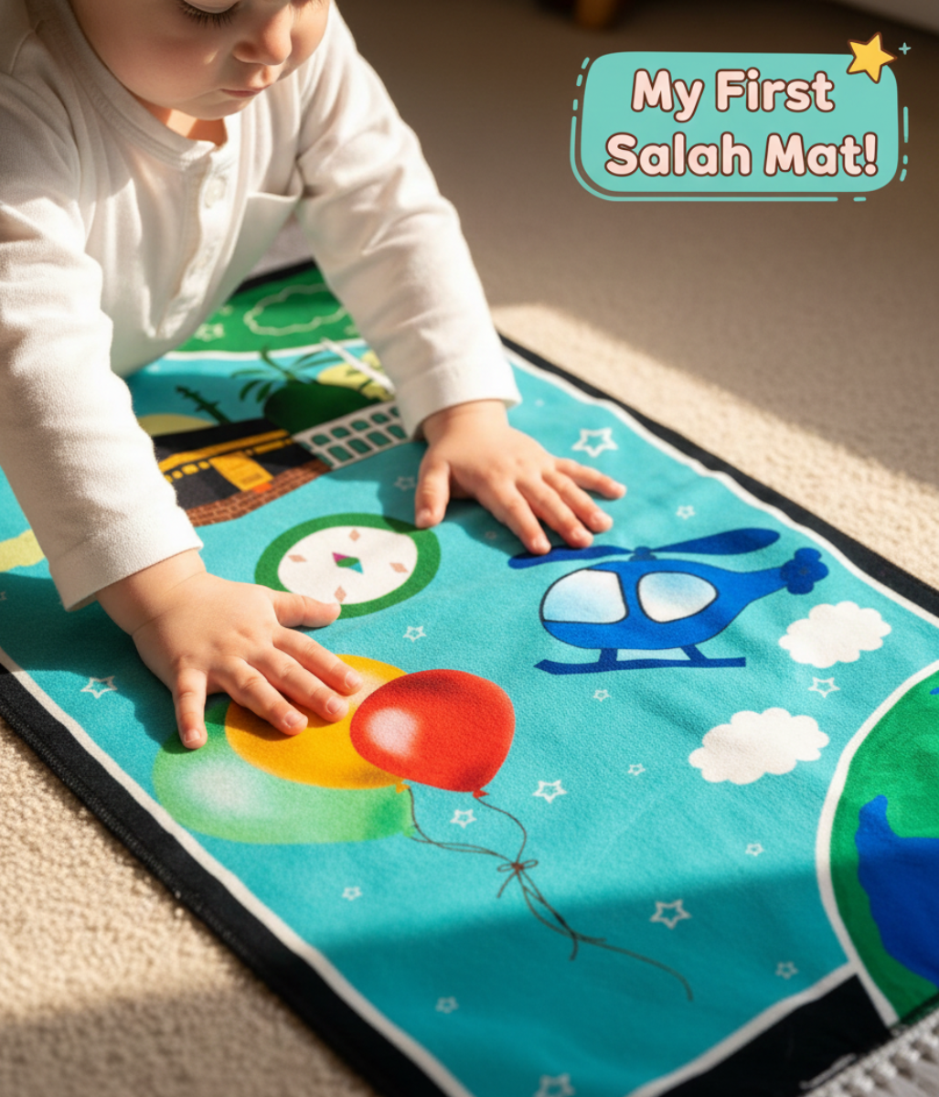 Premium Kids Prayer Mat – Colorful Educational Janamaz with Kaaba, Mosque & Fun Illustrations