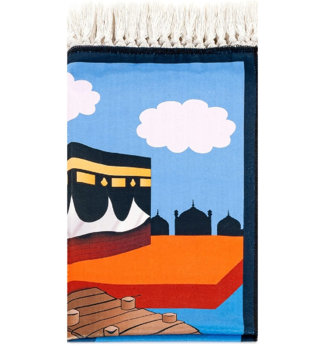 Kids' Educational Prayer Mat – Illustrated Kaaba & Serene Landscape Design – Soft Velvet Janamaz for Children
