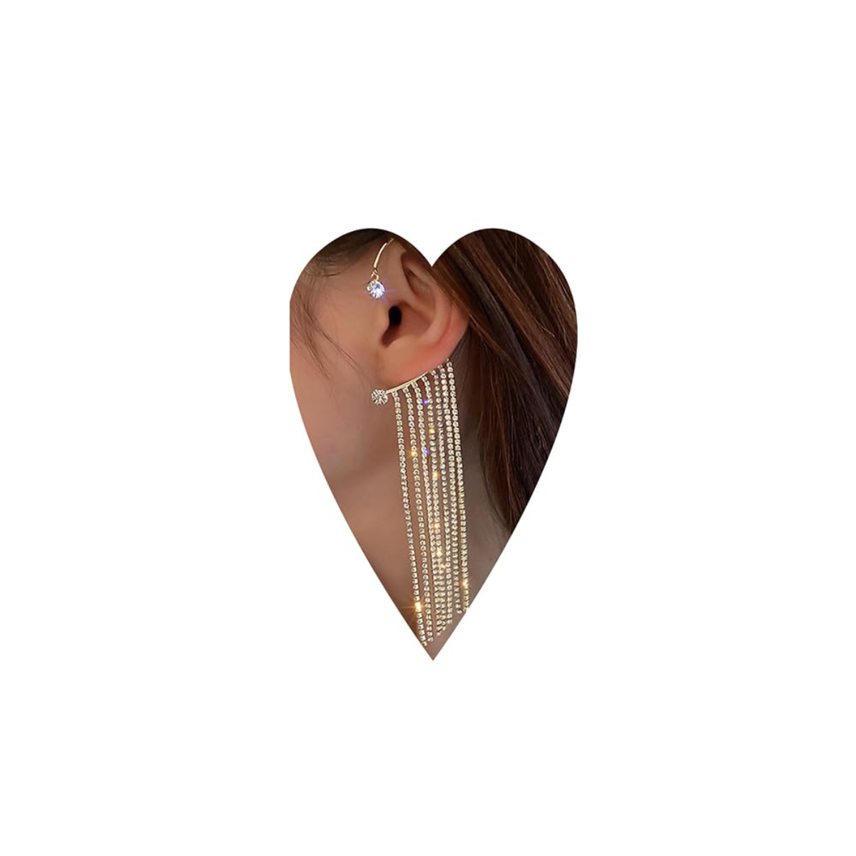 Wiwpar 2PCS Non-Pierced Rhinestone Long Tassel Dangle Earrings – Hypoallergenic Crystal Chain Clip-On Ear Wrap for Women – Elegant Gold Statement Jewelry for Weddings & Parties