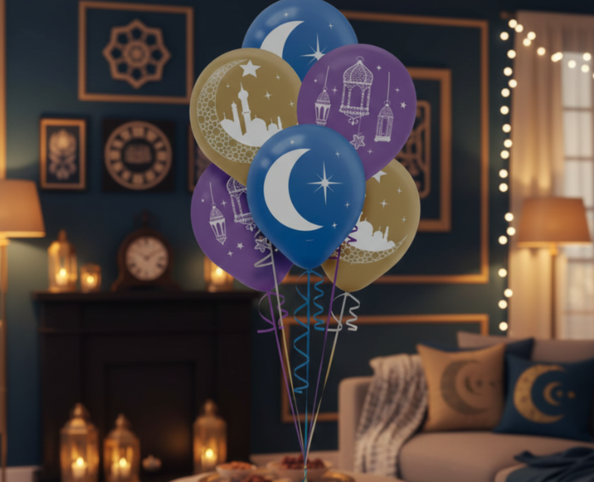 15ct Crescent Moon & Mosque Eid Balloons - Blue, Gold, Purple Latex Decor
