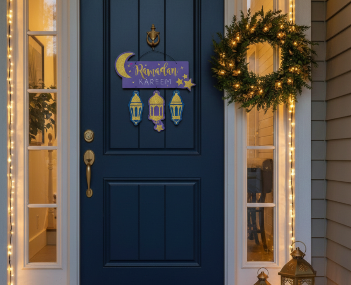 Glitter Ramadan Kareem Stacked Hanging Sign – Purple & Gold Door Decoration