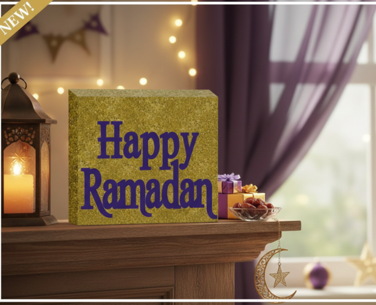 Glitter Gold Happy Ramadan Block Sign - 9x9 Square Canvas Wall Art & Tabletop Decor for Eid al-Fitr & Eid al-Adha
